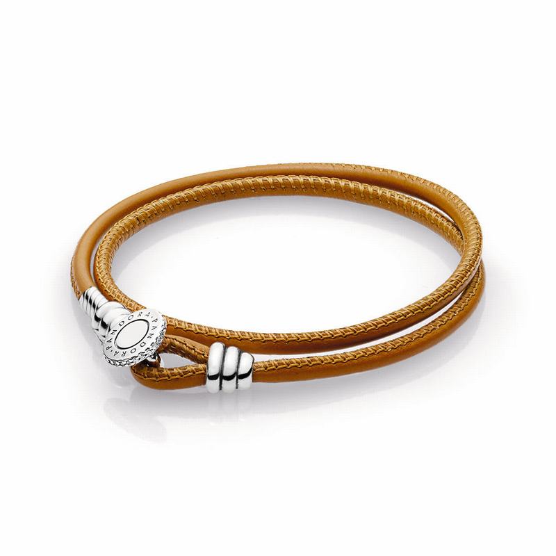 Pandora Australia Golden Tan Double Leather Bracelet - Sterling Silver | HYIWPD490